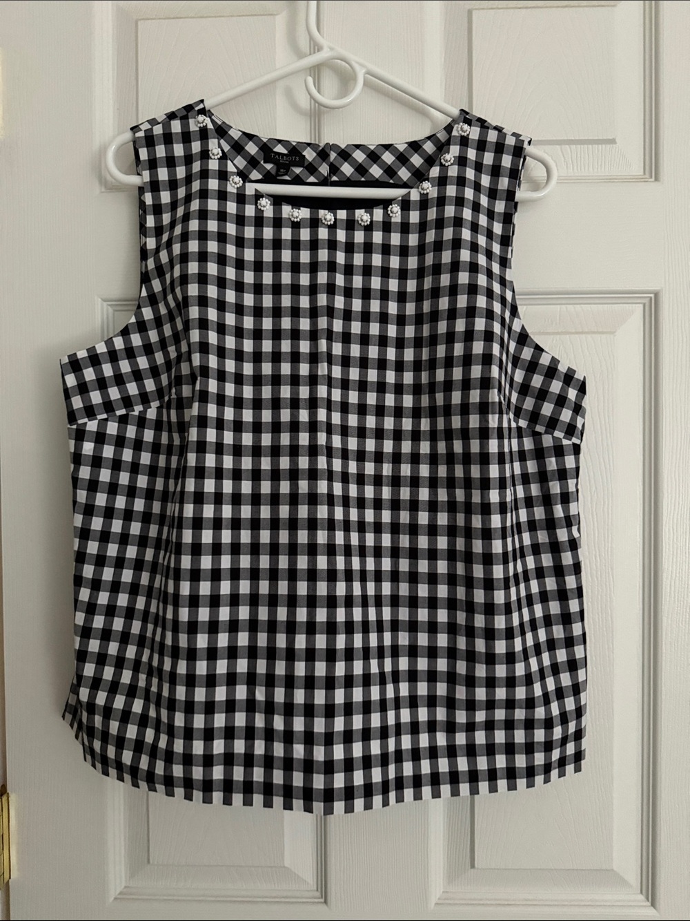 Talbots Black & White Gingham Sleeveless Shell with Decorative Neck